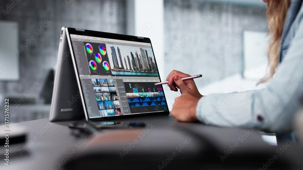 Fototapete Video Editor Or Designer Using Editing Software Tech