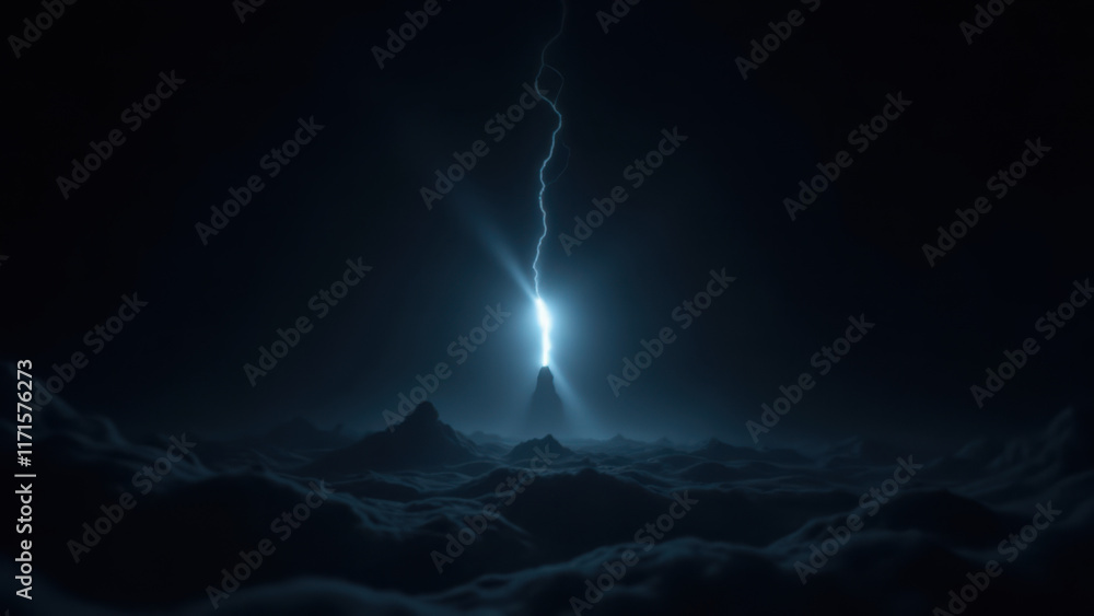 Poster a dramatic scene with clouds and lightning above an island, featuring an undetectable ai theme.