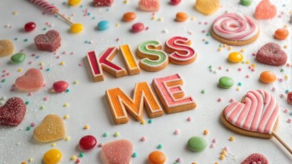 "Kiss Me" text in candy-colored letters with lollipops, gummy bears, and sparkling confetti in a playful design