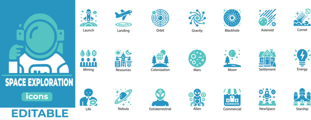 Space Exploration Icon Set Editable vectors featuring rockets, planets, satellites, astronauts, and cosmic designs
