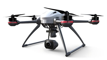 Isolated high-tech drone with propellers visible isolated on solid white background.