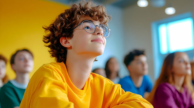 Enthusiastic young learner focuses intently during a stimulating lesson amidst classmates