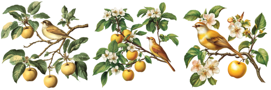 Set of Botanical branch with big read and yellow apples isolated on a transparent background