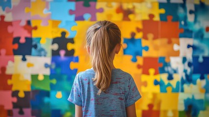 A young girl with her back to the camera observes a large, colorful jigsaw puzzle, representing the complexities of autism. World Autism Awareness Day