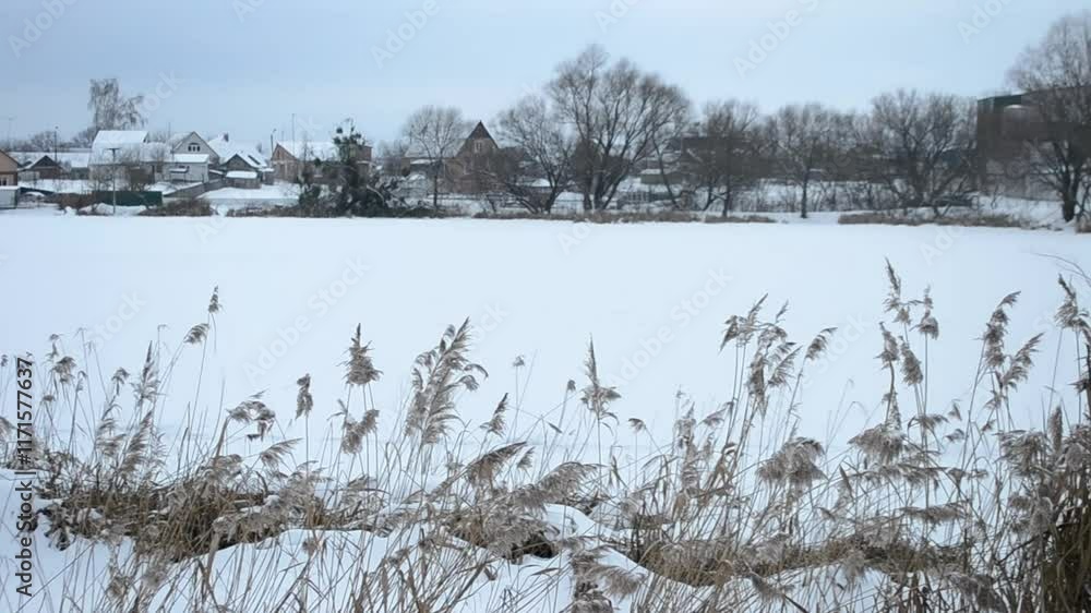 Poster snowy field with a few houses in the background. the houses are small and appear to be old. the fiel