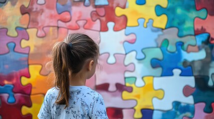A young girl with her back to the camera observes a large, colorful jigsaw puzzle, representing the complexities of autism. World Autism Awareness Day