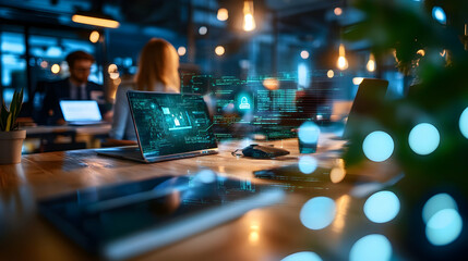 Colleagues engage in discussions while high-tech screens illuminate their workspaces