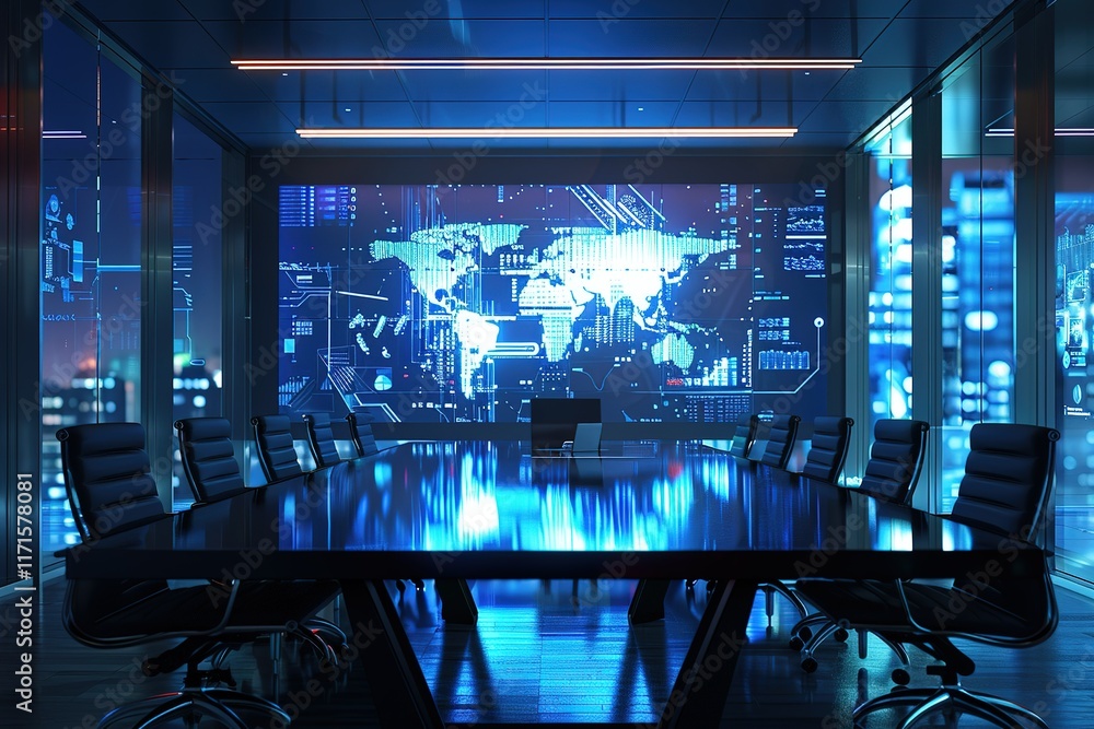 Poster modern boardroom with global data display