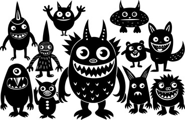 Quirky Black Monster Silhouettes with Claws and Teeth for Halloween Designs