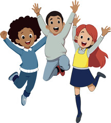 Happy multi ethnic children jumping together with joy
