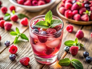 Vibrant pink berry drink photo; summery, refreshing, perfectly composed using the rule of thirds.