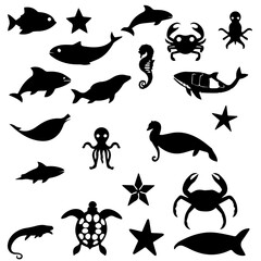 Aquatic animals black icons fish, starfish, dolphin, crab, octopus, whale, seahorse, seal, turtle, and shark. Isolated on white background