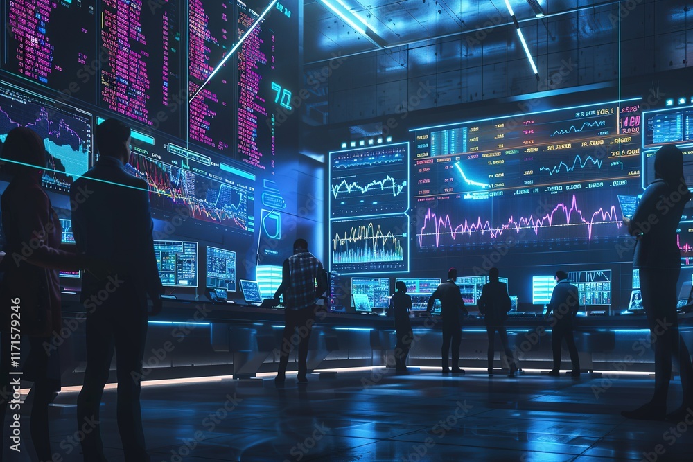 Poster team monitoring data streams on large screens in a futuristic control room.