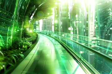 Fototapeta premium Curved walkway through a green futuristic city.