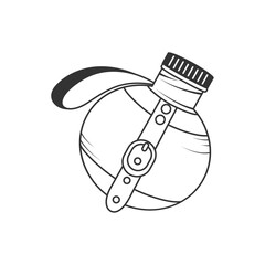 Vector black and white illustration of a vintage Canteen (bottle) with a strap and cap. Minimalist line art style for outdoor, hiking, camping, and adventure-themed designs.