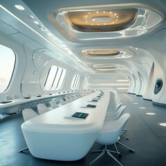 Futuristic conference room with long table and panoramic windows.