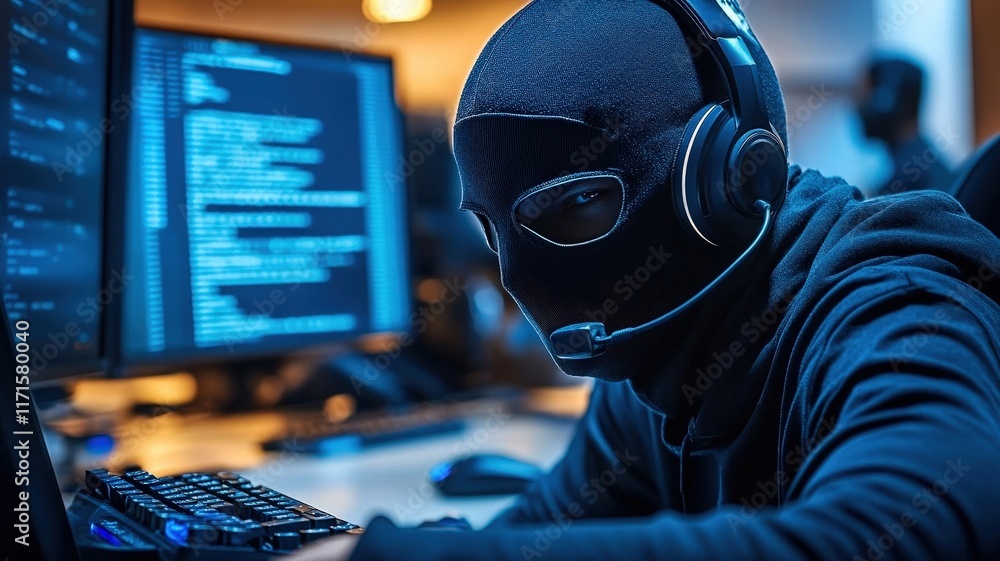 Poster a hooded figure wearing a mask and headset works intently at a computer, surrounded by glowing scree