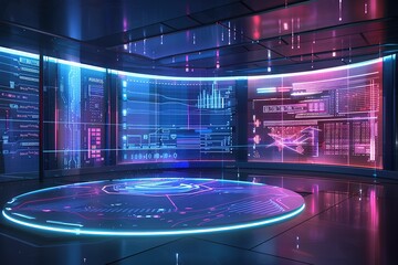 Futuristic data center with glowing screens displaying information.