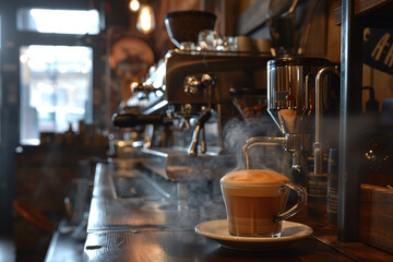 Freshly Brewed Espresso in a Coffee Cup with Creamy Swirl, Surrounded by Roasted Coffee Beans for a Rich Coffee Experience