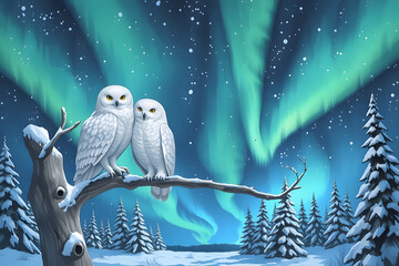 Two snowy owls perched under aurora borealis in winter forest