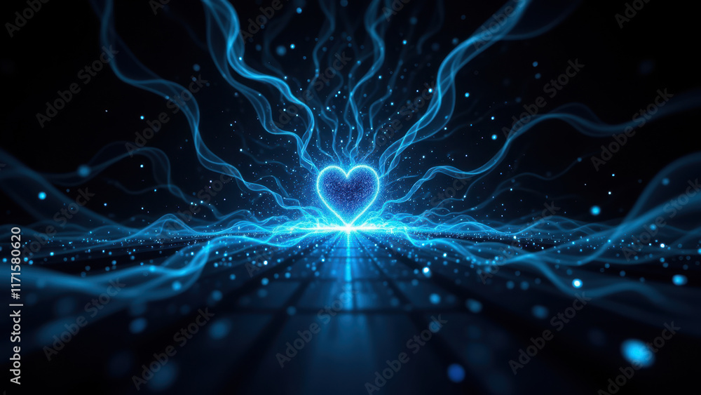 Poster this image features an artistic representation of artificial intelligence with a heart at its core, 