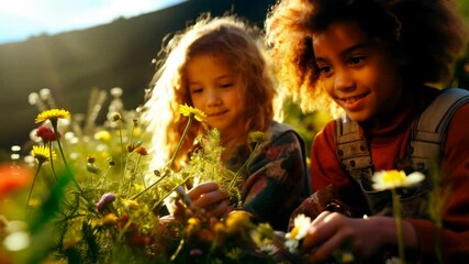 Two children are playing in a field of flowers. One of the children is holding a daisy - Powered by Adobe