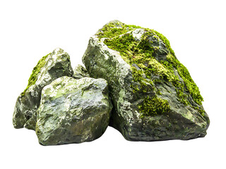moss-covered rocks stones isolated on transparent or white background, png cutout