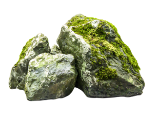 moss-covered rocks stones isolated on transparent or white background, png cutout