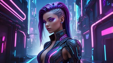 Women Cyberpunk Warrior with Futuristic Tech Armor, Neon Lights, and Dark Futuristic Cityscape. Generative AI