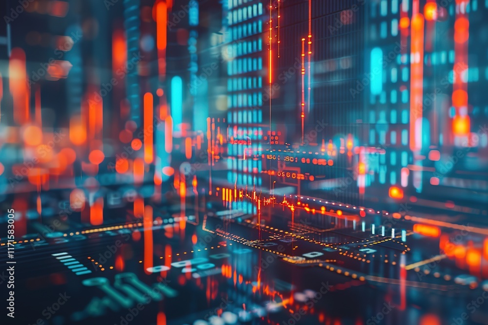 Poster abstract digital cityscape with glowing lines and data streams.