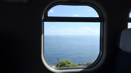 A sea view from a train window with a beautiful sea view, the feeling of moving in the picture. Generative AI