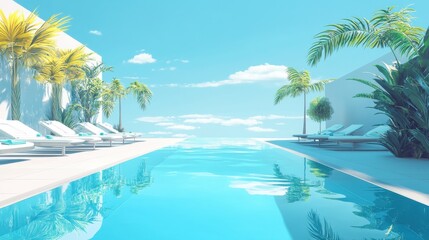 Fototapeta premium A rooftop swimming pool with a seamless edge, reflecting the blue sky, surrounded by tropical plants and stylish sun loungers.