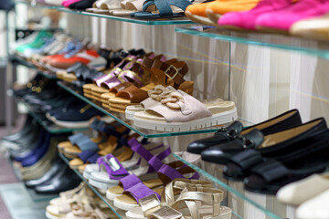Women's summer shoes of different colors on the counter in a shoe store.