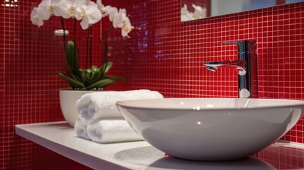 A spotless bathroom featuring red and white tiles, with a sleek, modern sink, fluffy white towels, and a clean mirror, creating a vibrant and fresh atmosphere.