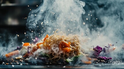 A vibrant image of street-style yakisoba being stir-fried on a hot griddle, with steam rising and colorful vegetables like carrots and cabbage mixed into the noodles.