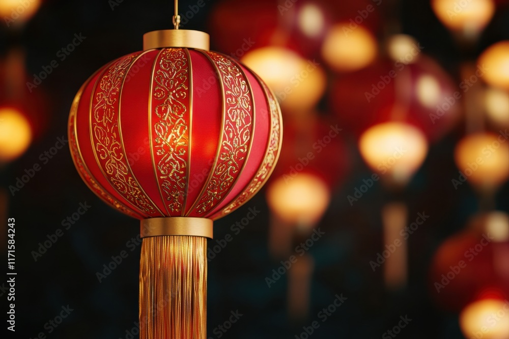 Aufkleber close-up of a single intricate red lantern, showcasing detailed patterns and textures against a soft