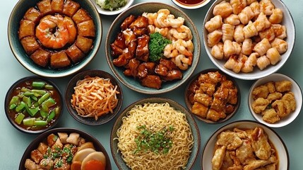 Overhead shot of various Asian dishes including noodles, tofu, shrimp, and vegetables, arranged on a teal surface.