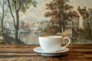 Fototapeta premium Freshly Brewed Espresso in a Coffee Cup with Creamy Swirl, Surrounded by Roasted Coffee Beans for a Rich Coffee Experience