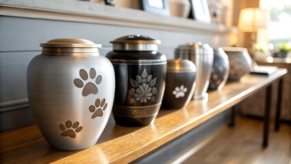 A collection of pet memorial urns in various sizes and finishes, featuring engraved paw print designs, displayed on a wooden shelf in a warm and respectful setting.