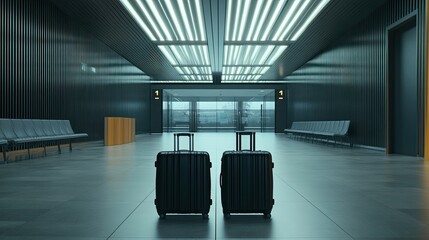 Travel, two suitcases in an empty airport hall, travel suitcases in the departure airport terminal waiting for the area, vacation concept, empty space for text
