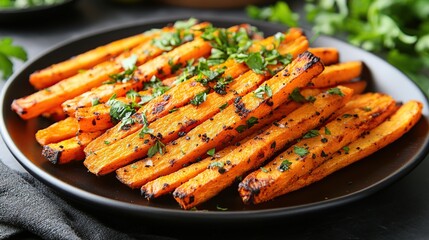 Roasted sweet potato fries seasoned with herbs on a dark plate.