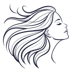 Vector logo of a woman's face with long, flowing hair in the wind,