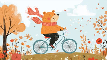 Bear Riding a Bicycle in a Whimsical Outdoor Scene, Cartoon Style
