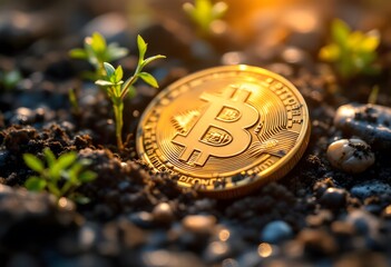 Golden bitcoin growing with green sprouts on soil background. Cryptocurrency investment and digital money growth concept. Business finance banner with copy space