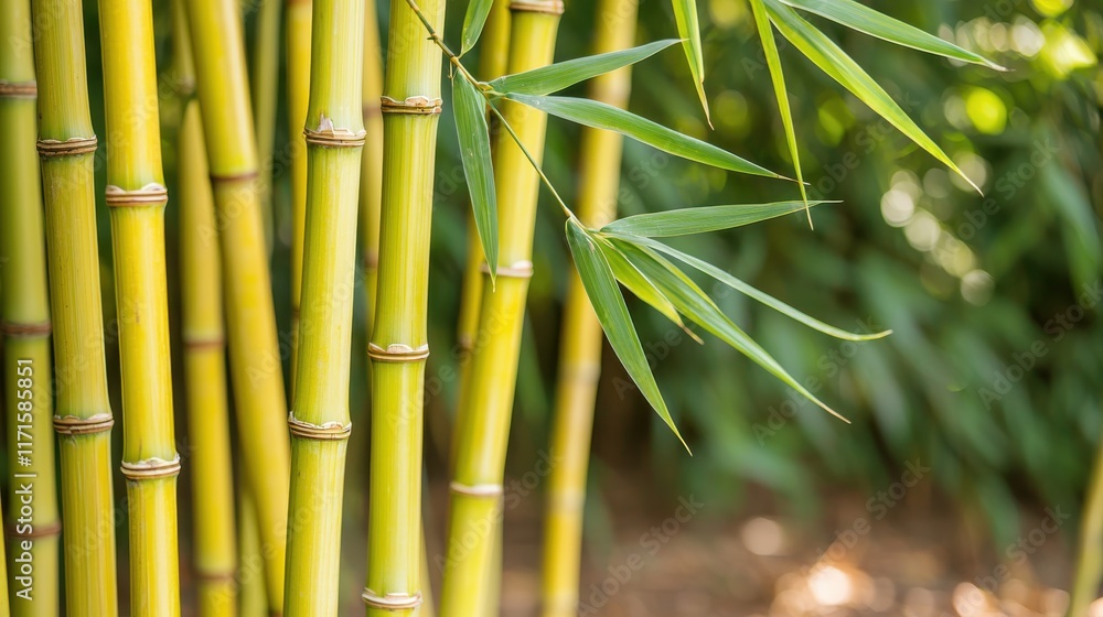 Poster serene composition of tall green bamboo stalks against a soft focused background creating a calming 