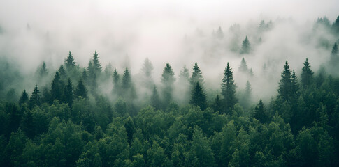 Aerial view of a misty forest in summer