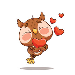 A cheerful and adorable owl is happily holding a red heart, symbolizing love and joy with floating hearts around it