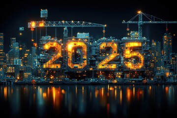 Fototapeta premium Construction cranes building 2025 over futuristic cityscape at night