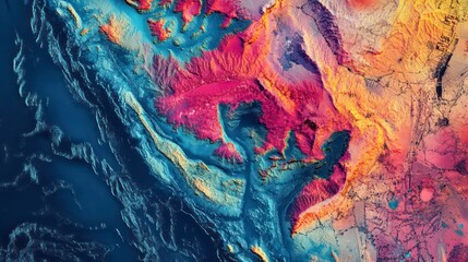 Vibrant abstract topographic map of North America, showcasing diverse terrain in bold colors.