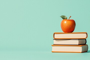 Creative study setup books and apple on stack minimalist background educational concept